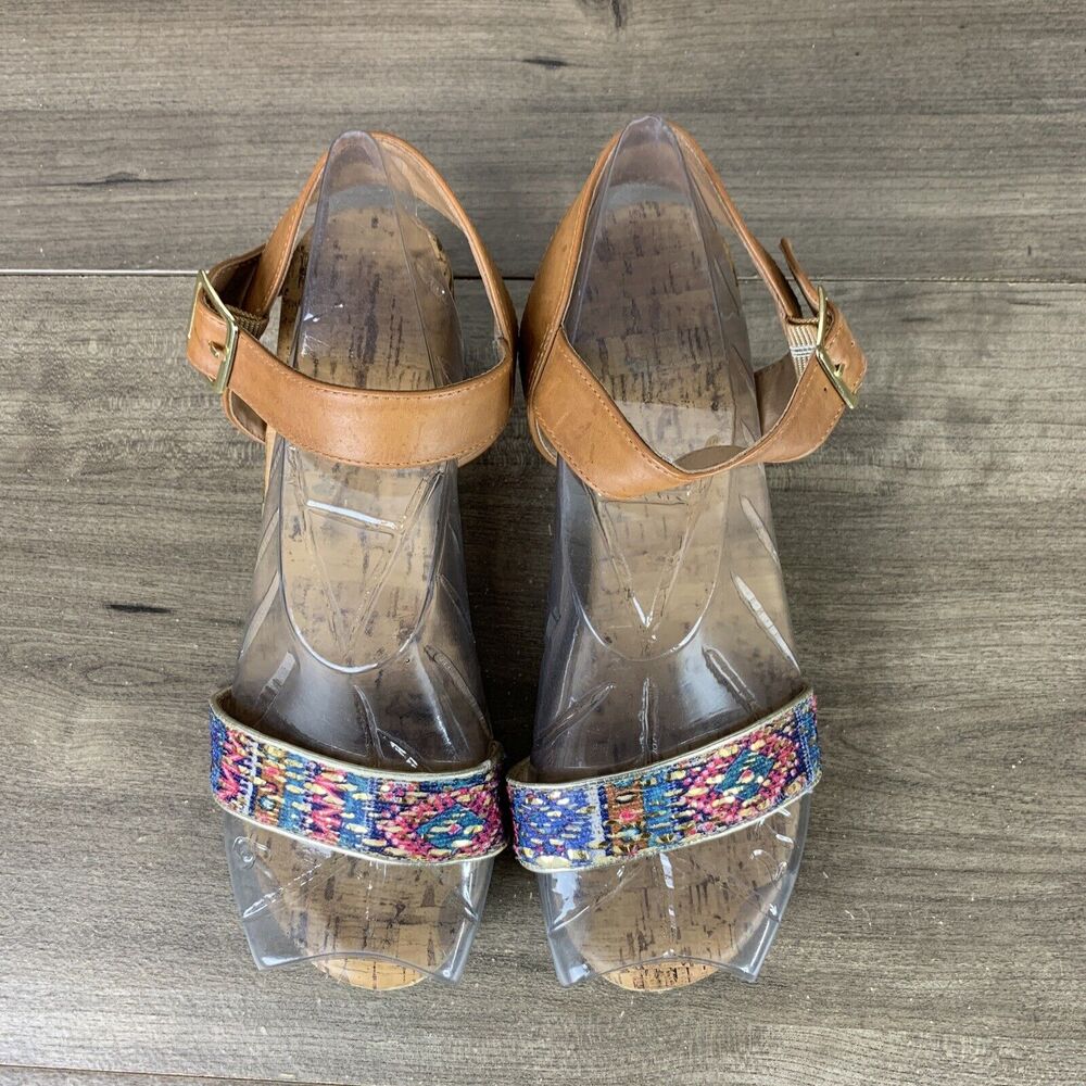American Eagle Womens Sandals Size 6 Ankle Strap Wedge Heels Open Toe Brown